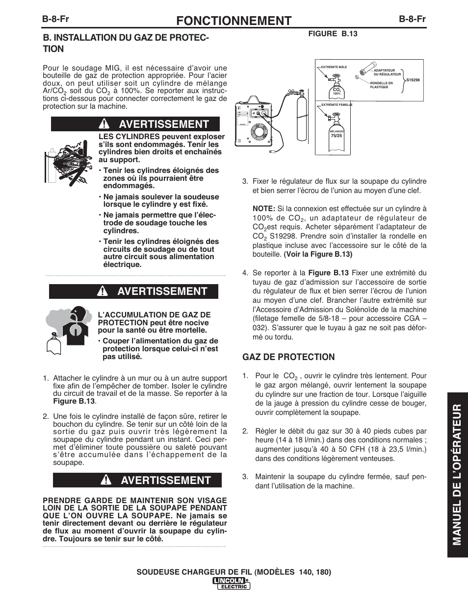 Fonctionnement, Avertissement, Manuel de l ʼopéra teur | B-8-fr, B. installation du gaz de protec- tion, Gaz de protection | Lincoln Electric IMt10100 WIRE FEEDER WELDER 140_180 User Manual | Page 77 / 96