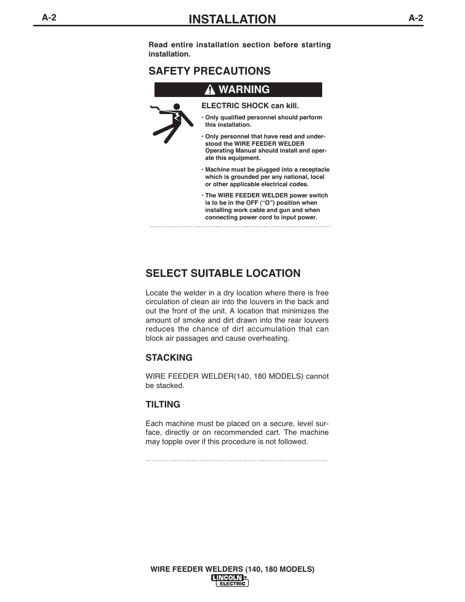 Installation, Select suitable location, Safety precautions | Warning | Lincoln Electric IMt10100 WIRE FEEDER WELDER 140_180 User Manual | Page 8 / 96