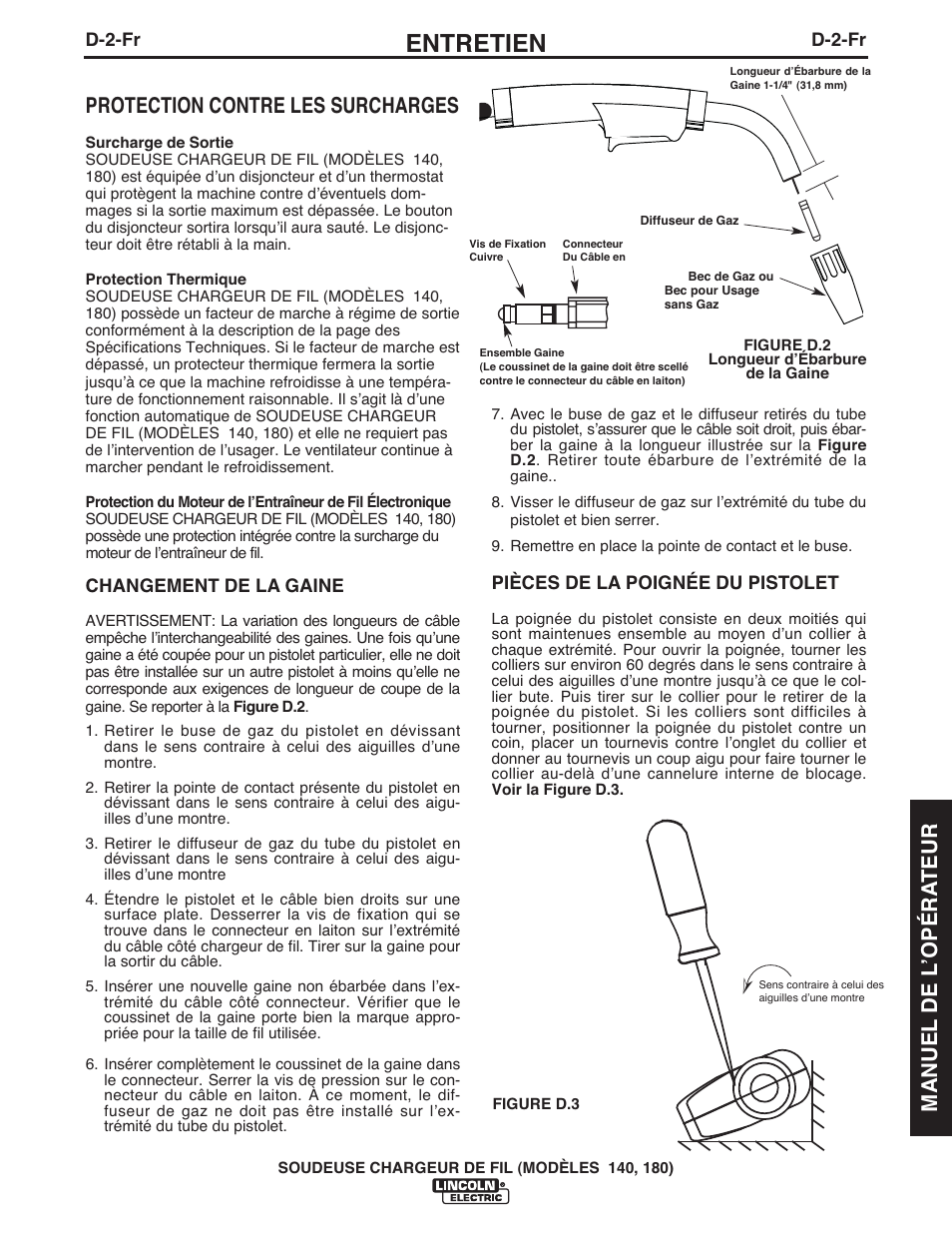 Entretien, Protection contre les surcharges, Manuel de l ʼopéra teur | Lincoln Electric IMt10100 WIRE FEEDER WELDER 140_180 User Manual | Page 85 / 96