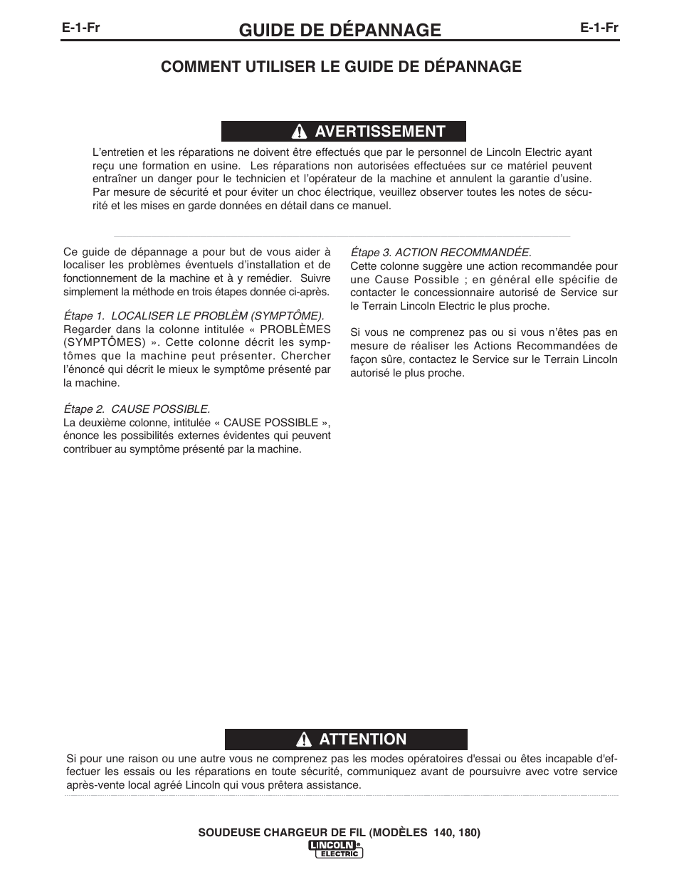 Guide de dépannage, Attention, Comment utiliser le guide de dépannage | Avertissement | Lincoln Electric IMt10100 WIRE FEEDER WELDER 140_180 User Manual | Page 86 / 96