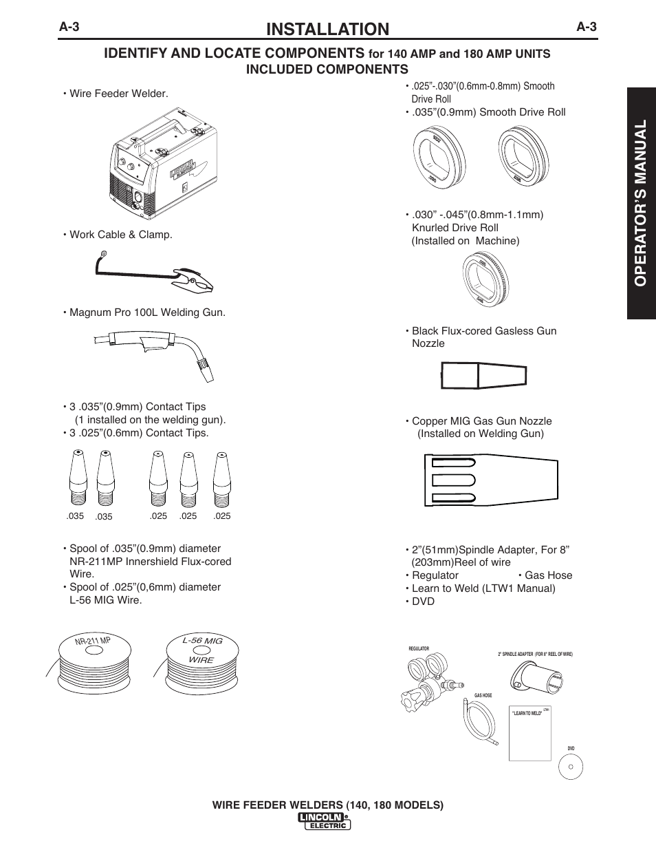 Installation, Opera t orʼs manual, Identify and locate components | Included components | Lincoln Electric IMt10100 WIRE FEEDER WELDER 140_180 User Manual | Page 9 / 96