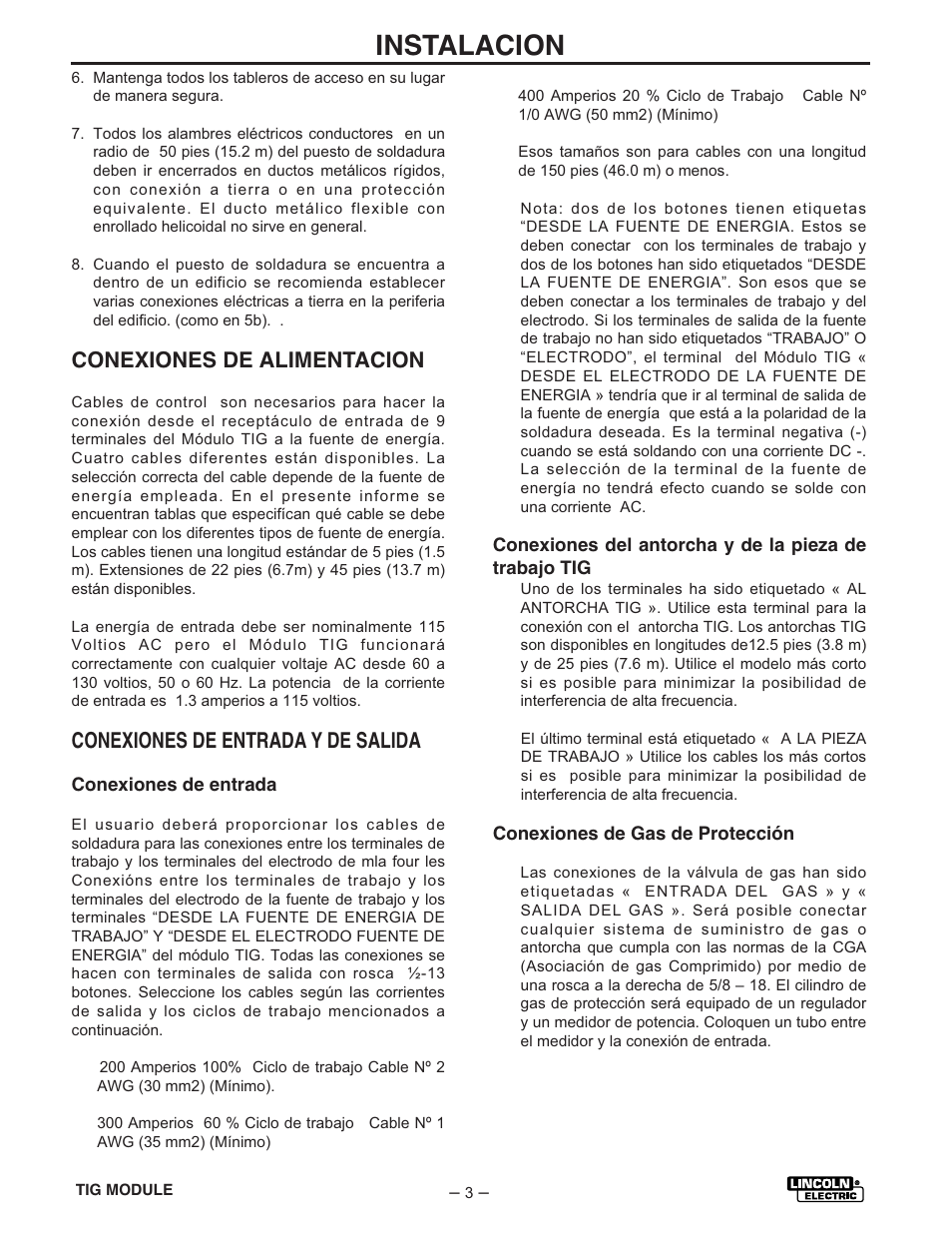 Instalacion, Conexiones de alimentacion, Conexiones de entrada y de salida | Lincoln Electric IM528 TIG Module User Manual | Page 10 / 54