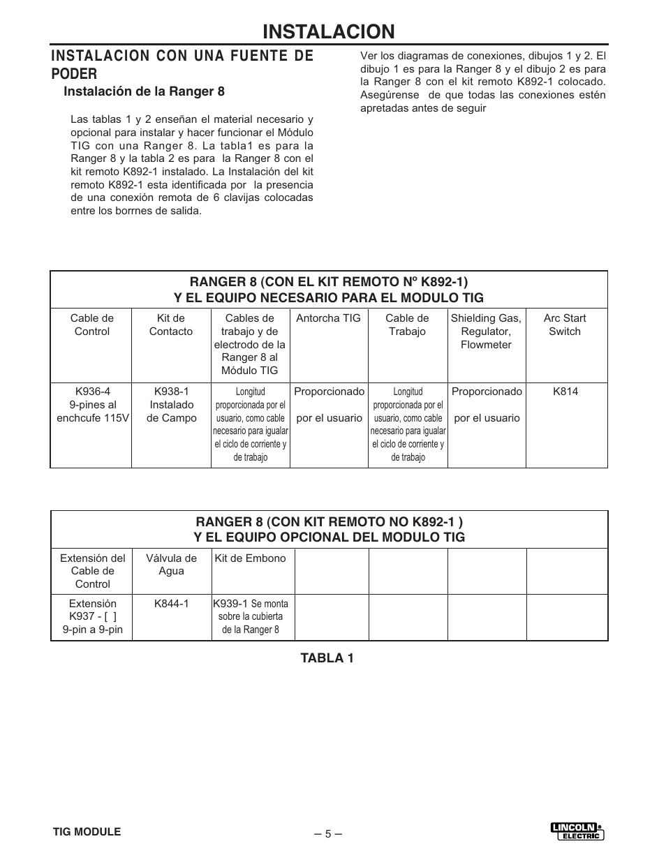 Instalacion, Instalacion con una fuente de poder | Lincoln Electric IM528 TIG Module User Manual | Page 12 / 54