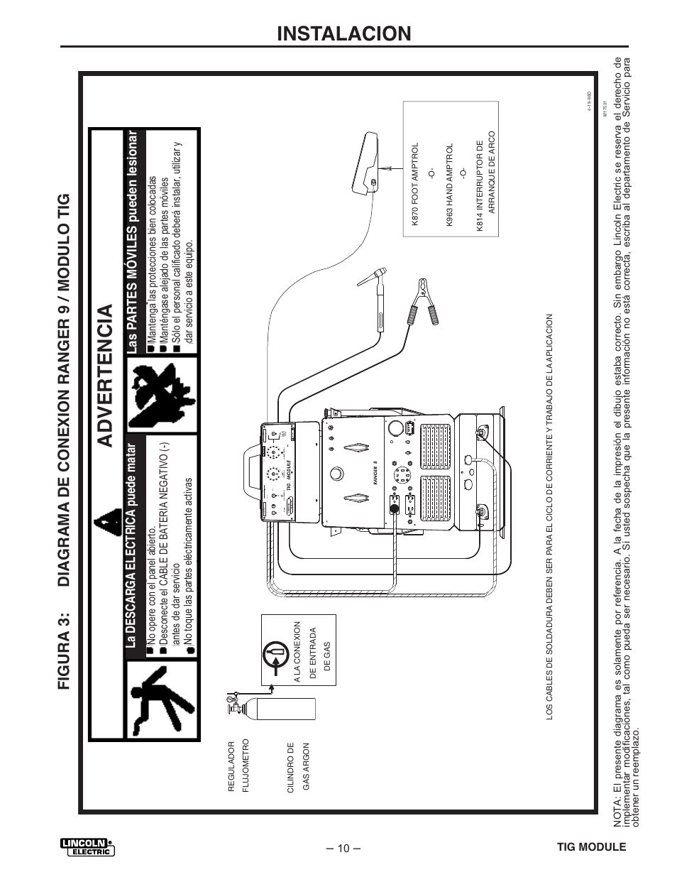 Adver tencia, Instalacion, Advertencia | Lincoln Electric IM528 TIG Module User Manual | Page 17 / 54