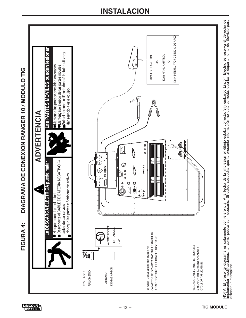 Adver tencia, Instalacion, Advertencia | Lincoln Electric IM528 TIG Module User Manual | Page 19 / 54