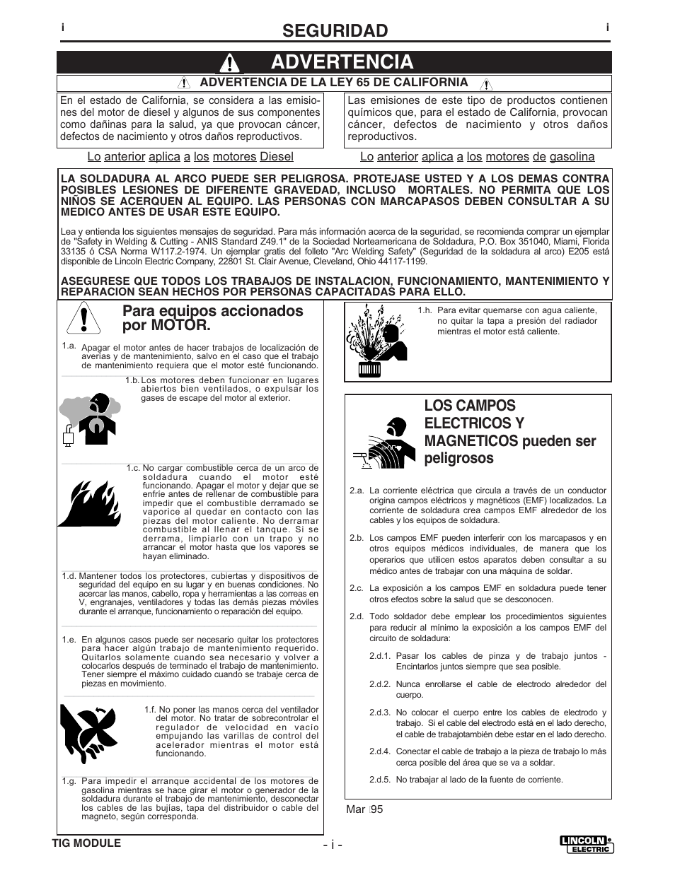 Advertencia, Seguridad, Para equipos accionados por motor | Lincoln Electric IM528 TIG Module User Manual | Page 2 / 54
