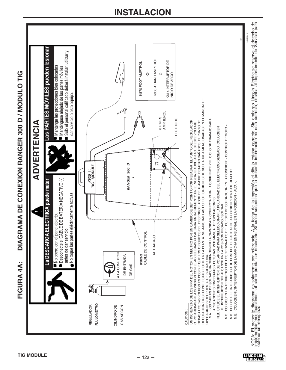 Adver tencia, Instalacion, Advertencia | Tig module | Lincoln Electric IM528 TIG Module User Manual | Page 20 / 54