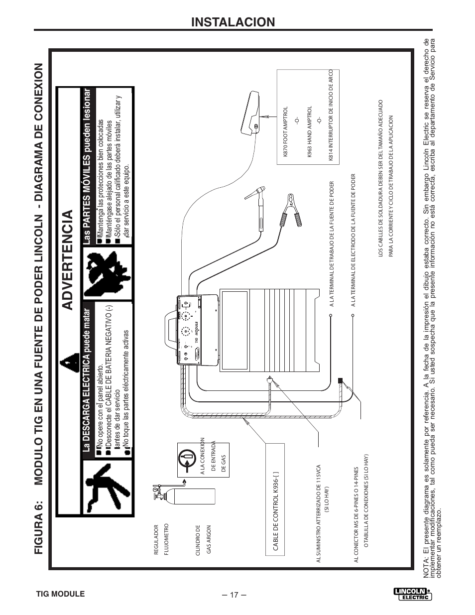 Adver tencia, Advertencia, Instalacion | Lincoln Electric IM528 TIG Module User Manual | Page 28 / 54