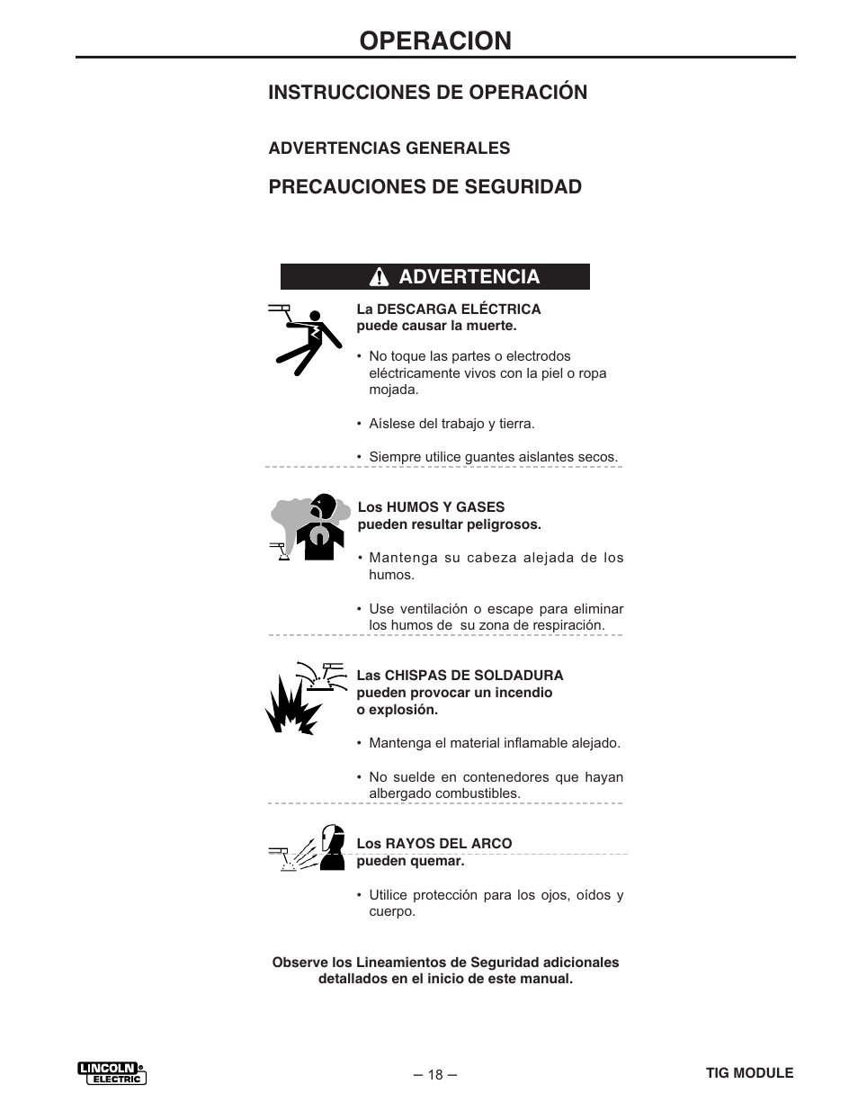 Operacion, Instrucciones de operación, Precauciones de seguridad | Advertencia | Lincoln Electric IM528 TIG Module User Manual | Page 29 / 54