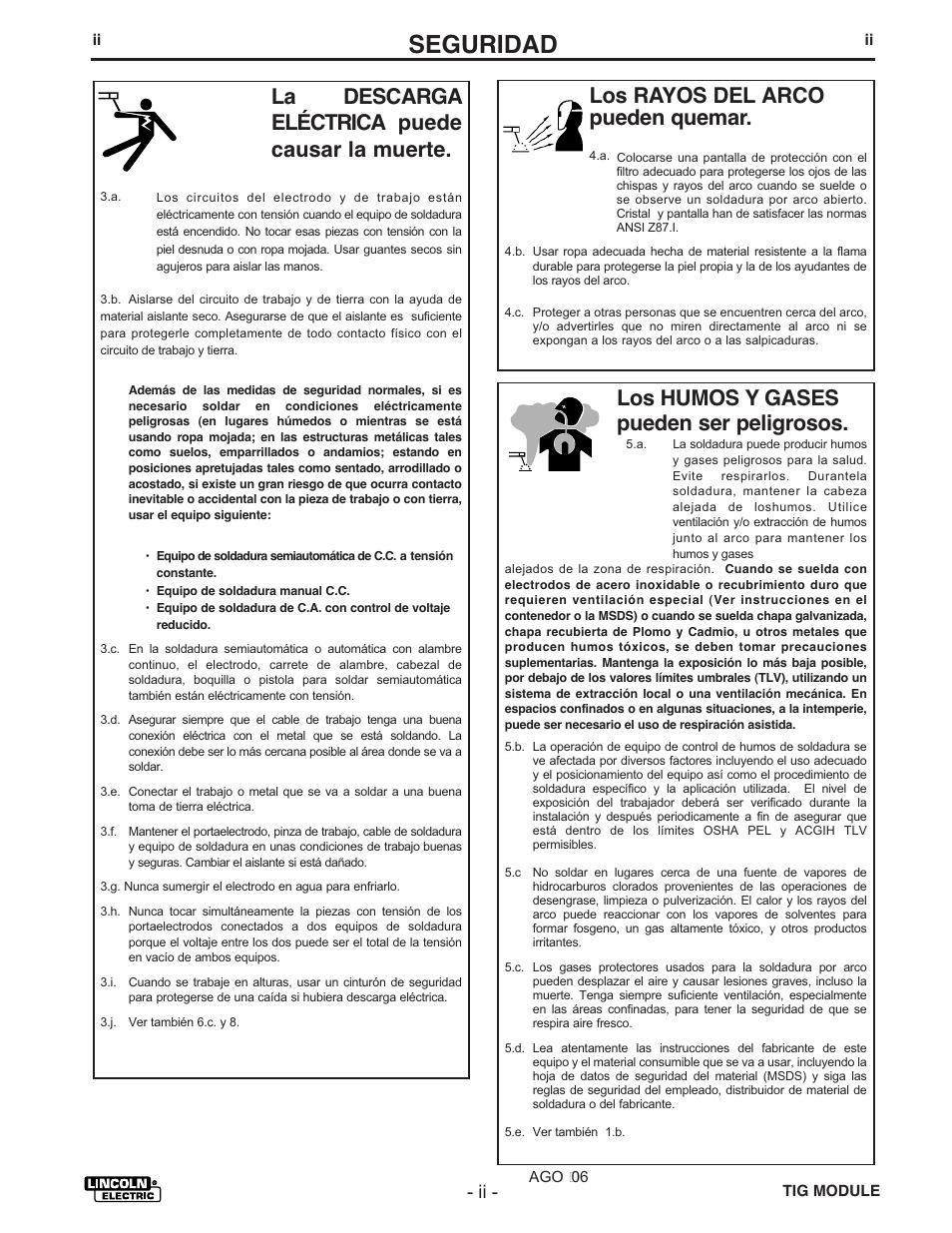 Seguridad, Los rayos del arco pueden quemar, La descarga eléctrica puede causar la muerte | Los humos y gases pueden ser peligrosos | Lincoln Electric IM528 TIG Module User Manual | Page 3 / 54
