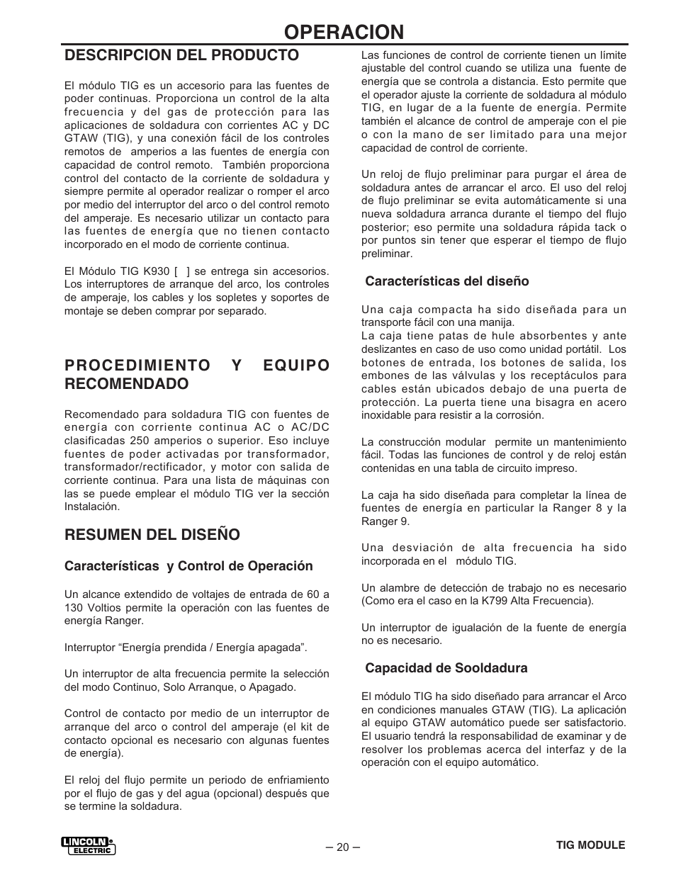 Operacion, Descripcion del producto, Procedimiento y equipo recomendado | Resumen del diseño | Lincoln Electric IM528 TIG Module User Manual | Page 31 / 54