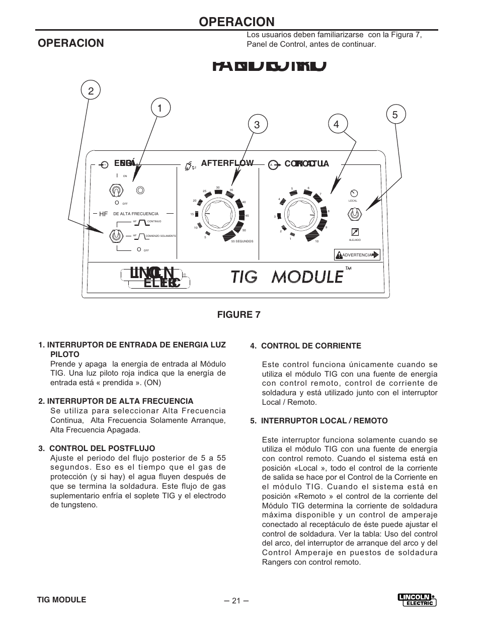 Pan el de cont ro l, Linc oln, Elec tr ic | Operacion, Figure 7 | Lincoln Electric IM528 TIG Module User Manual | Page 32 / 54