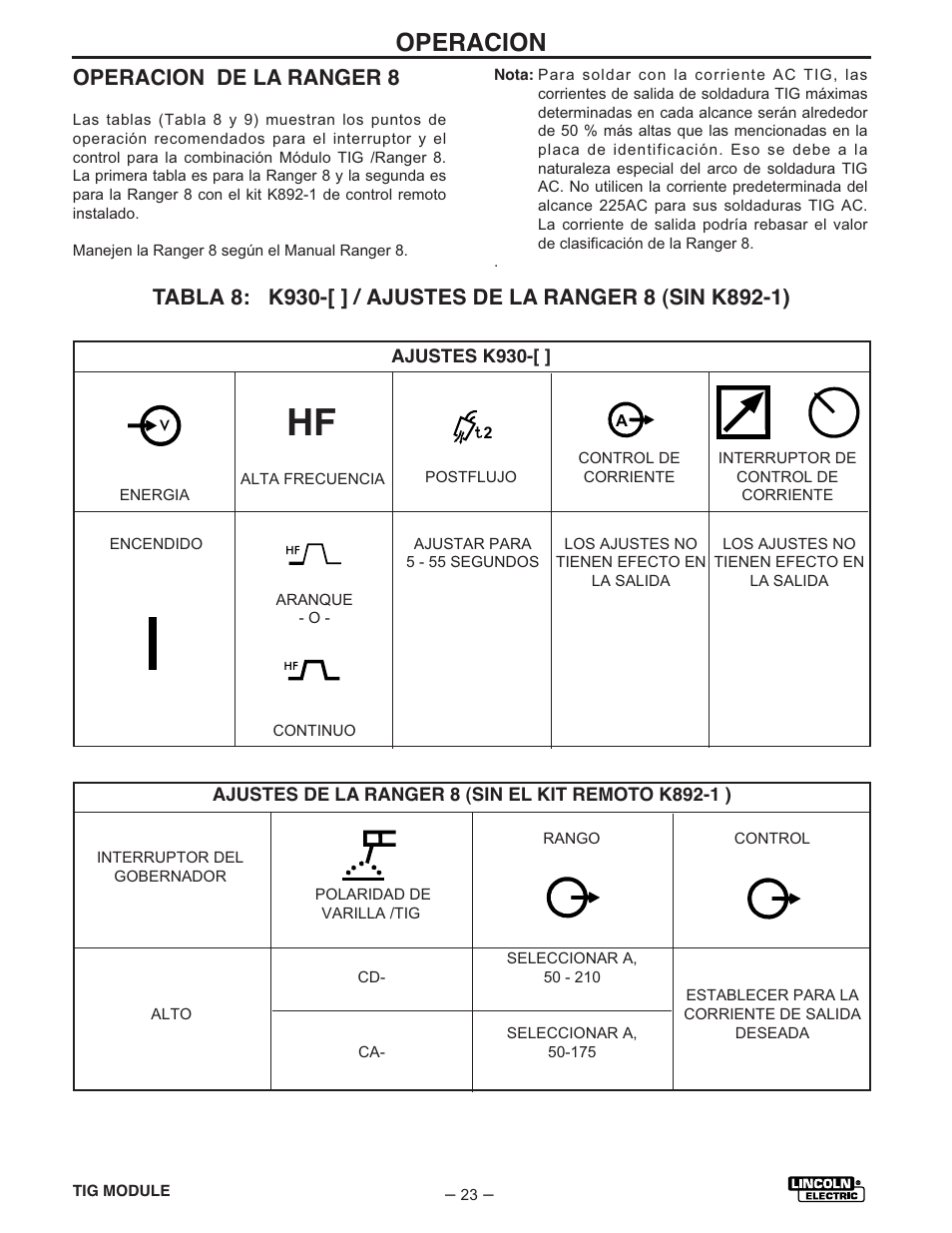 Operacion, Operacion de la ranger 8 | Lincoln Electric IM528 TIG Module User Manual | Page 34 / 54