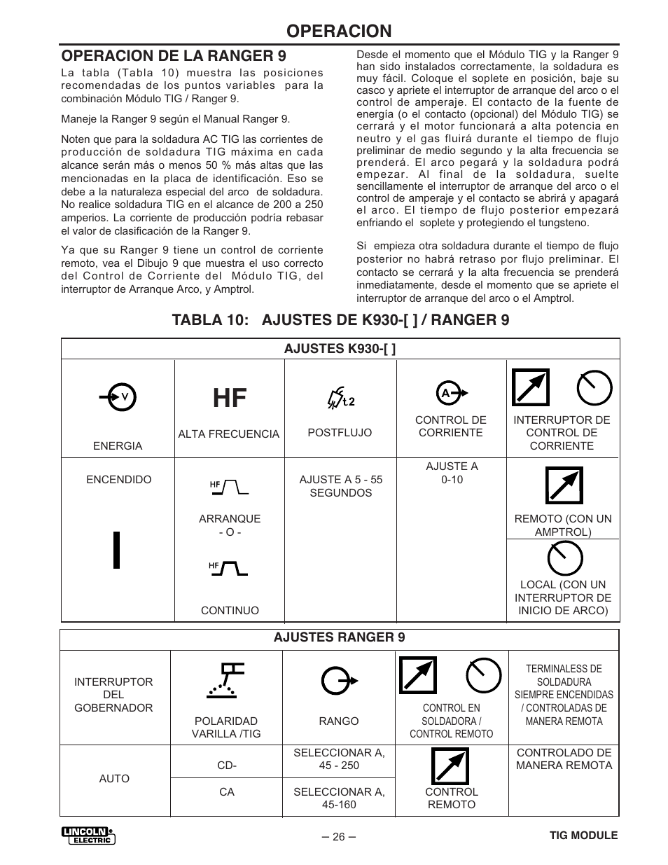 Operacion, Operacion de la ranger 9 | Lincoln Electric IM528 TIG Module User Manual | Page 37 / 54