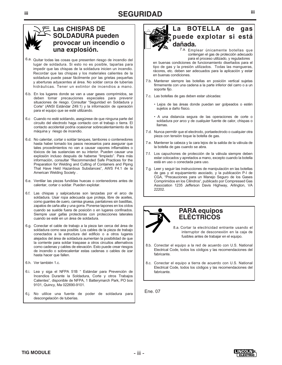 Seguridad, Para equipos eléctricos, La botella de gas puede explotar si está dañada | Lincoln Electric IM528 TIG Module User Manual | Page 4 / 54