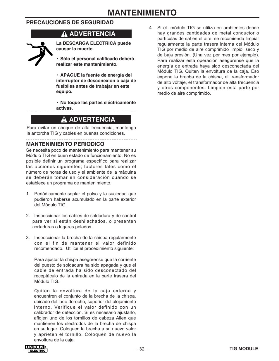 Mantenimiento, Advertencia | Lincoln Electric IM528 TIG Module User Manual | Page 43 / 54