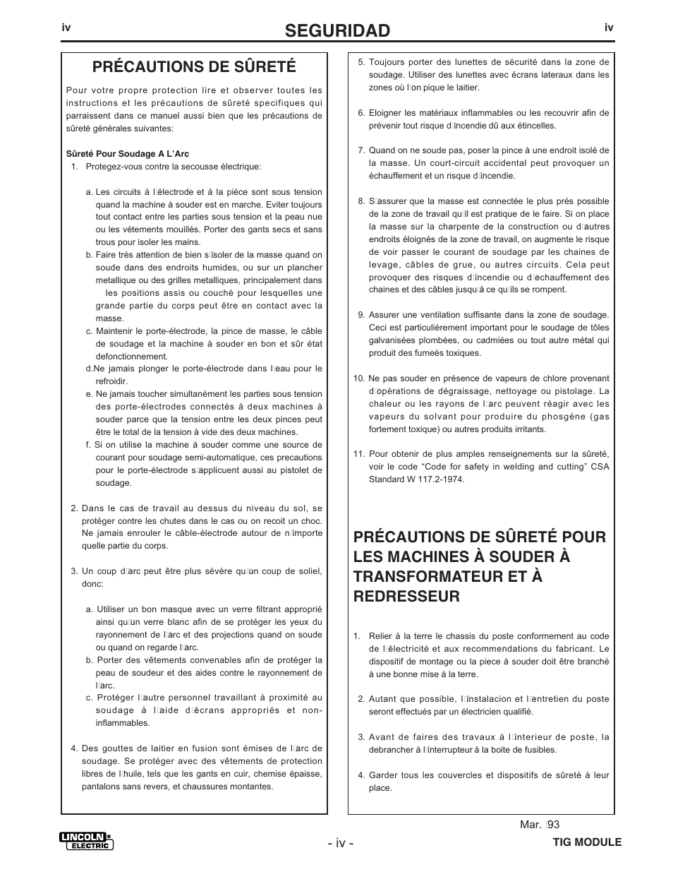 Seguridad, Précautions de sûreté | Lincoln Electric IM528 TIG Module User Manual | Page 5 / 54