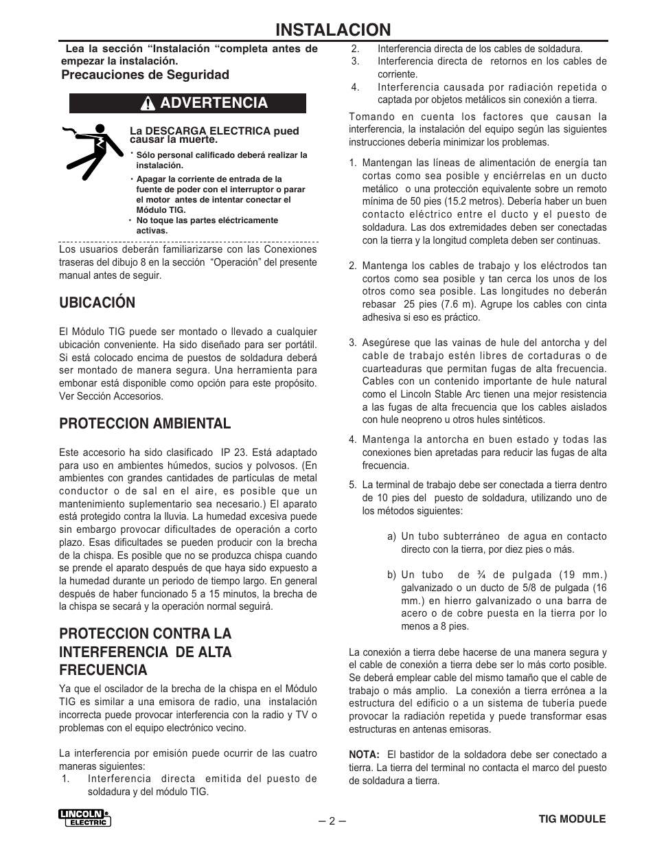 Instalacion, Ubicación, Proteccion ambiental | Advertencia | Lincoln Electric IM528 TIG Module User Manual | Page 9 / 54