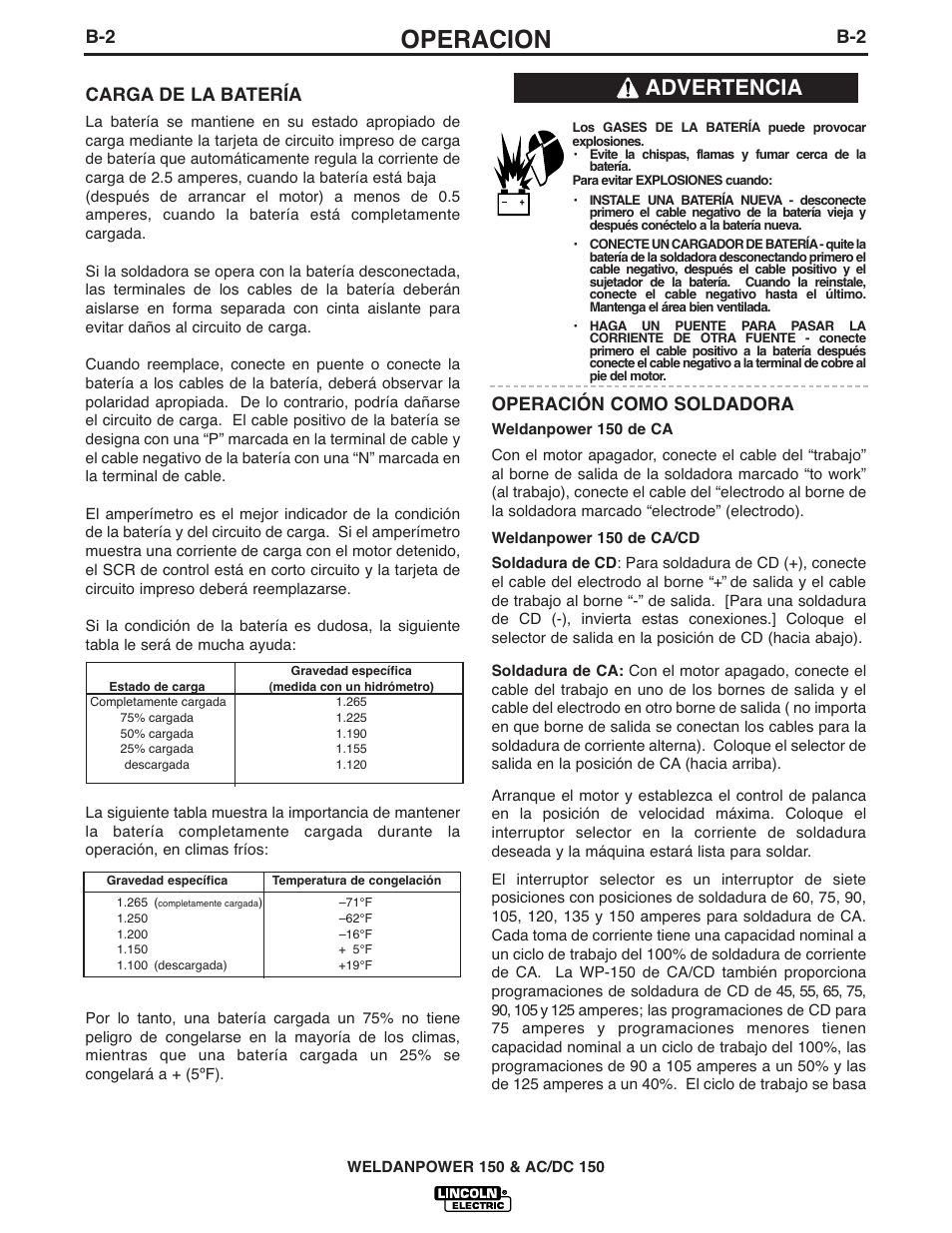 Operacion, Advertencia, B-2 carga de la batería | Operación como soldadora | Lincoln Electric IM413 Weldanpower 150 User Manual | Page 10 / 30