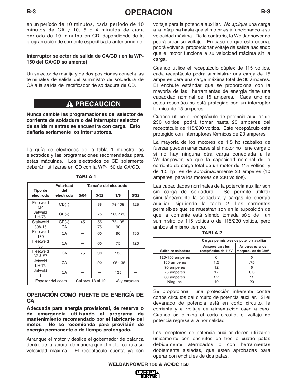 Operacion, Precaucion, Operación como fuente de energía de ca | Lincoln Electric IM413 Weldanpower 150 User Manual | Page 11 / 30