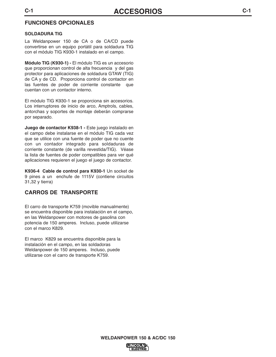 Accesorios | Lincoln Electric IM413 Weldanpower 150 User Manual | Page 12 / 30