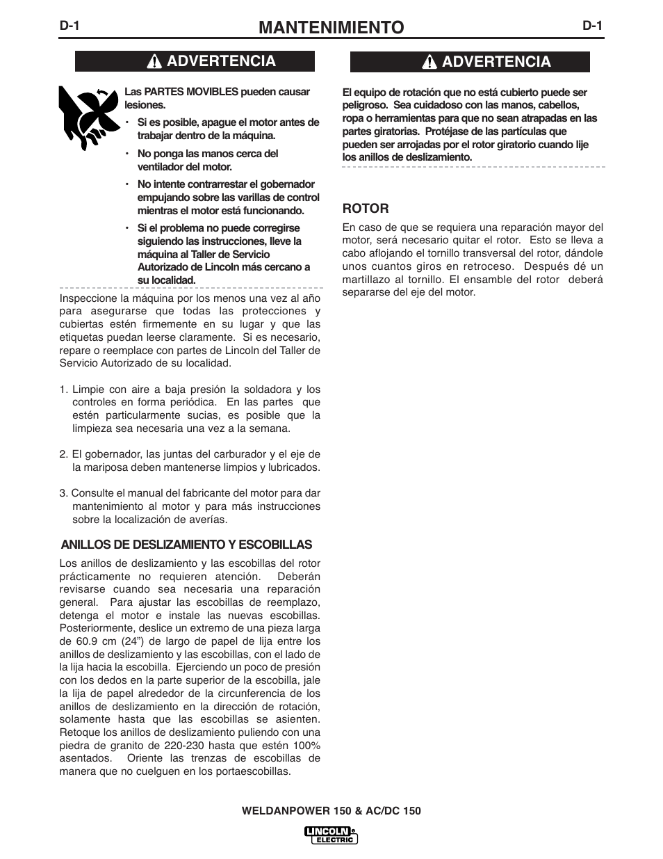 Mantenimiento, Advertencia | Lincoln Electric IM413 Weldanpower 150 User Manual | Page 13 / 30