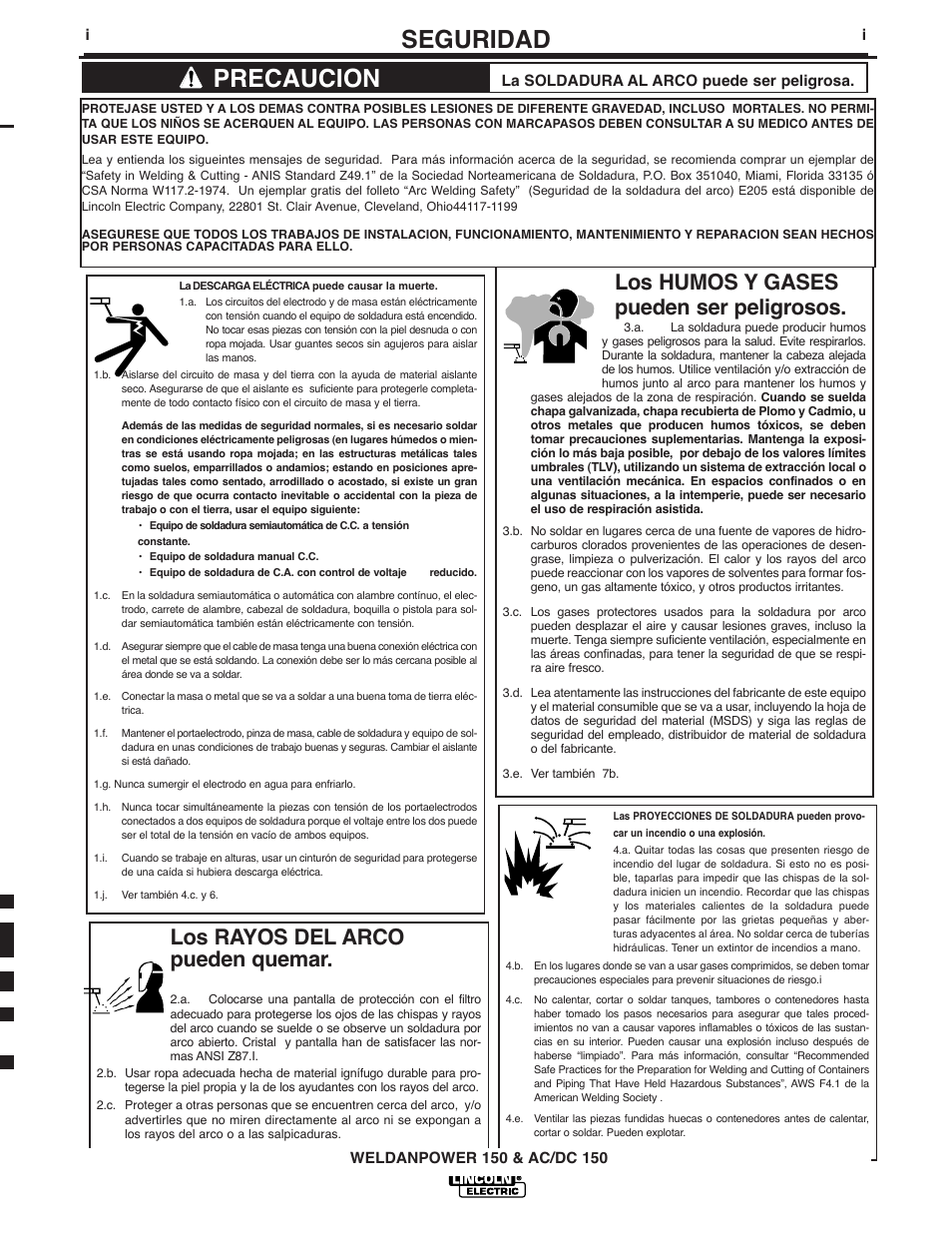 Seguridad, Precaucion, Los humos y gases pueden ser peligrosos | Los rayos del arco pueden quemar | Lincoln Electric IM413 Weldanpower 150 User Manual | Page 2 / 30