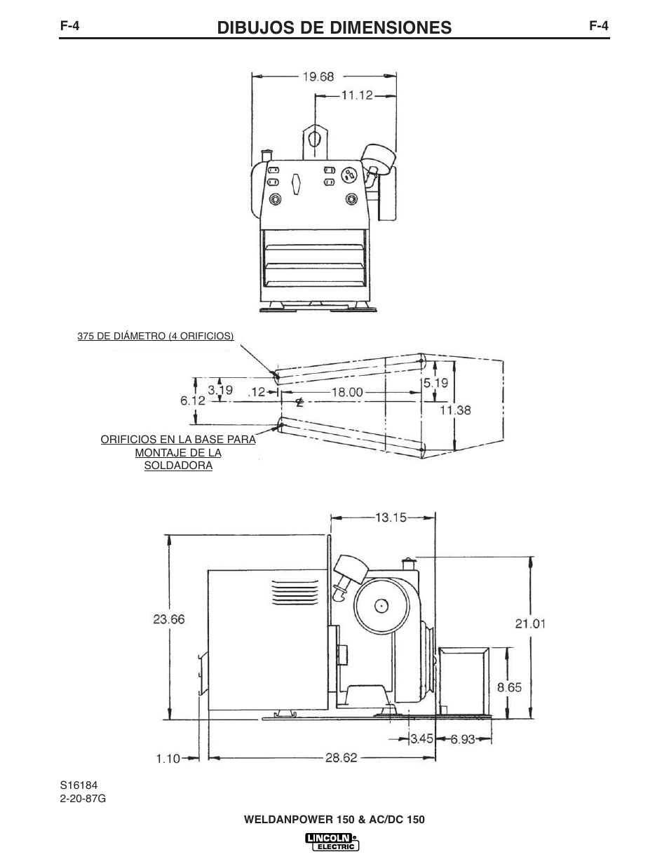 Dibujos de dimensiones | Lincoln Electric IM413 Weldanpower 150 User Manual | Page 20 / 30