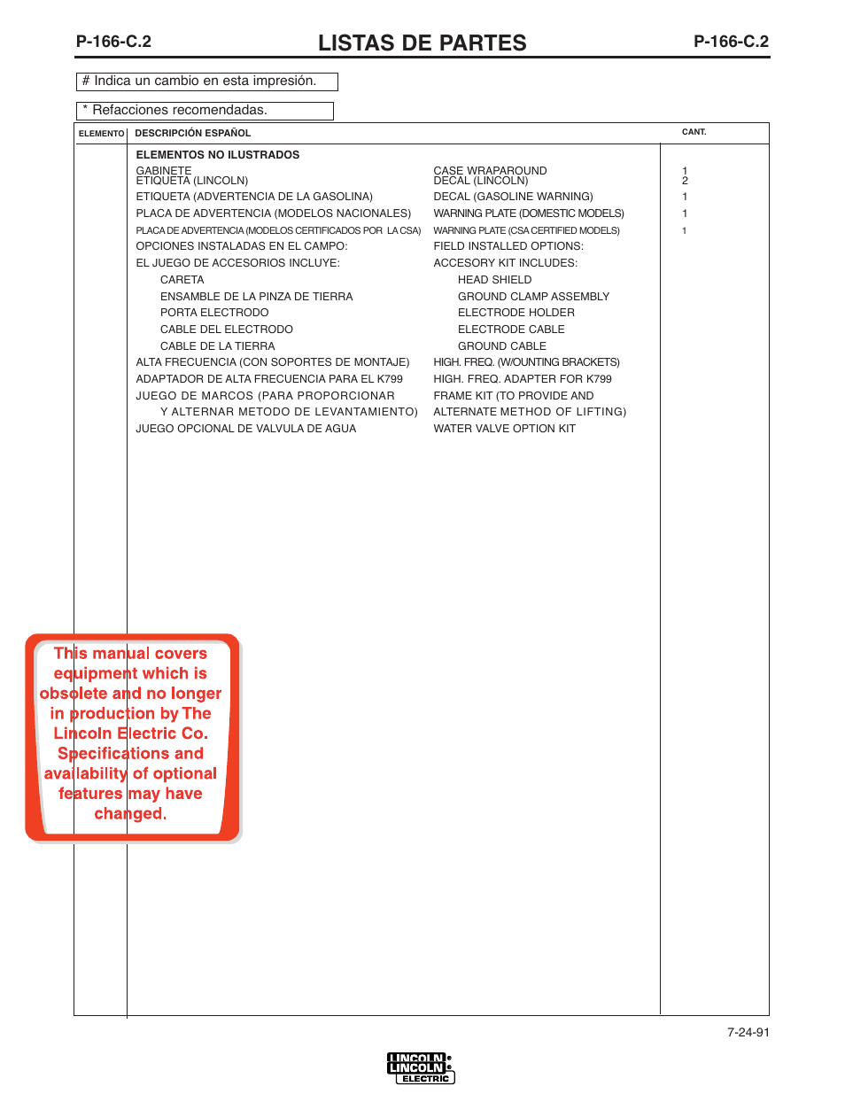 Listas de partes, P-166-c.2 | Lincoln Electric IM413 Weldanpower 150 User Manual | Page 23 / 30