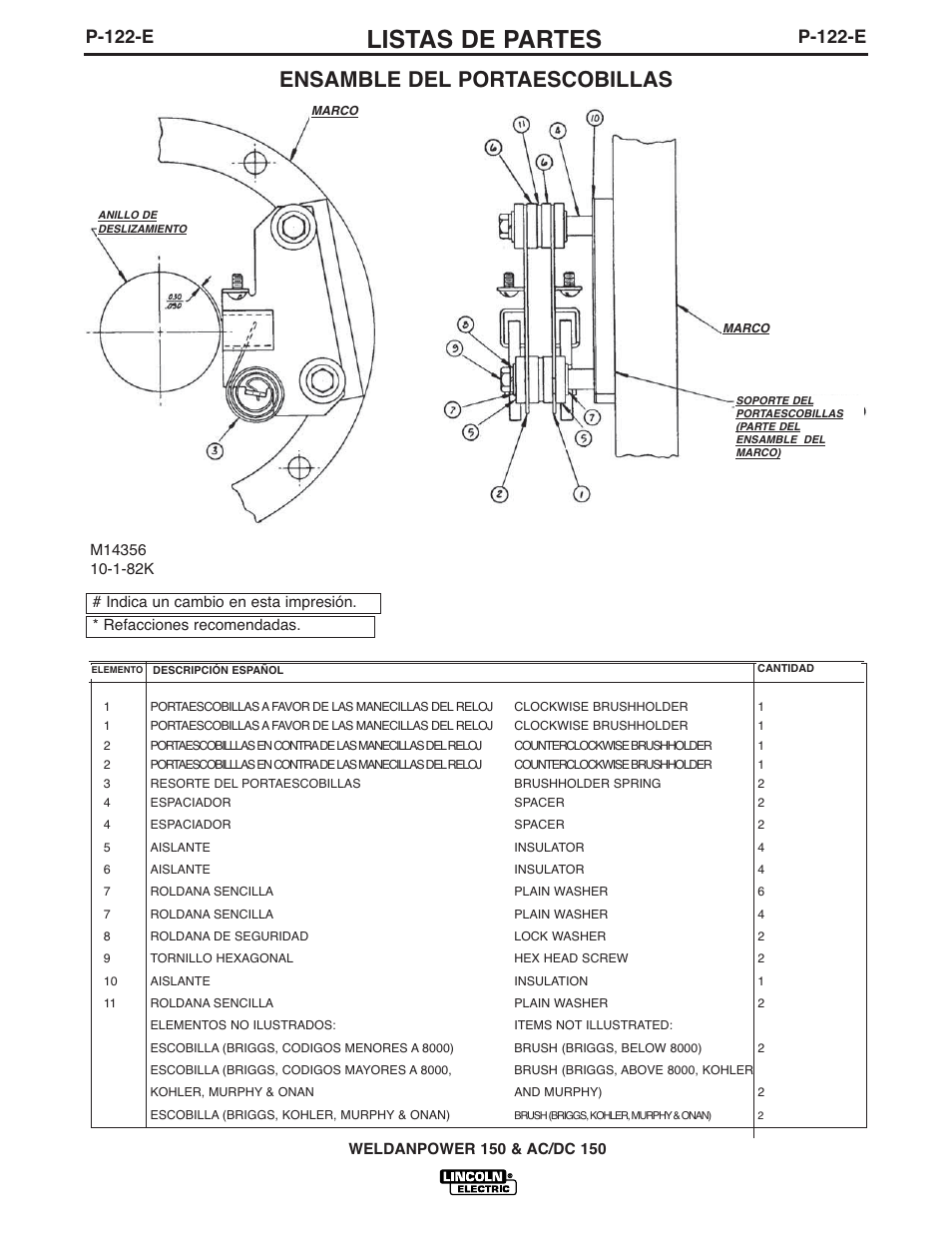 Listas de partes, Ensamble del portaescobillas, P-122-e | Lincoln Electric IM413 Weldanpower 150 User Manual | Page 26 / 30