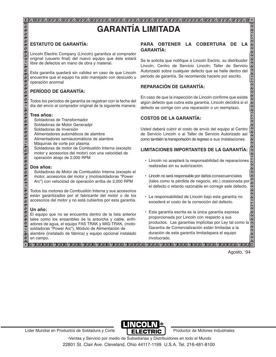 Garantía limitada | Lincoln Electric IM413 Weldanpower 150 User Manual | Page 30 / 30