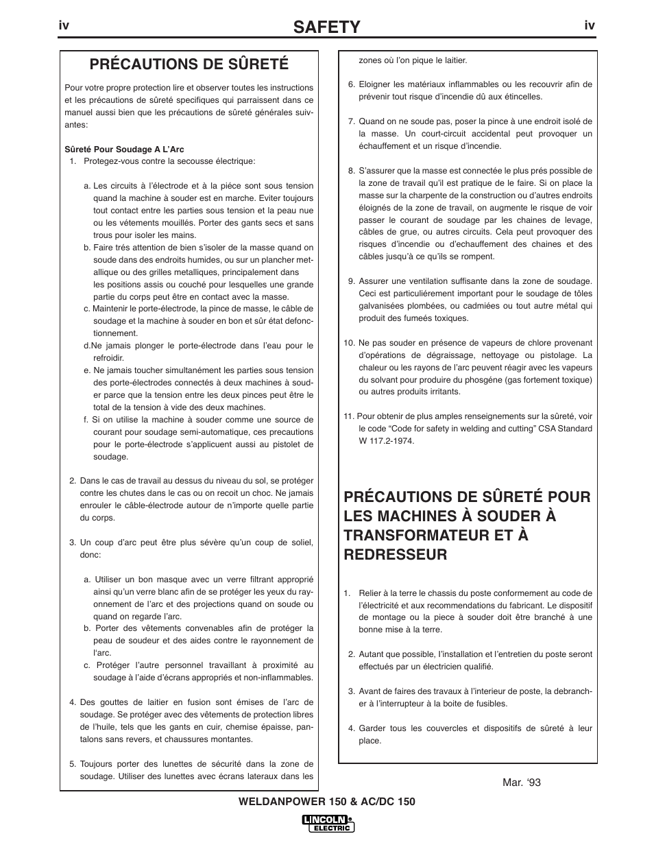 Safety, Précautions de sûreté | Lincoln Electric IM413 Weldanpower 150 User Manual | Page 5 / 30