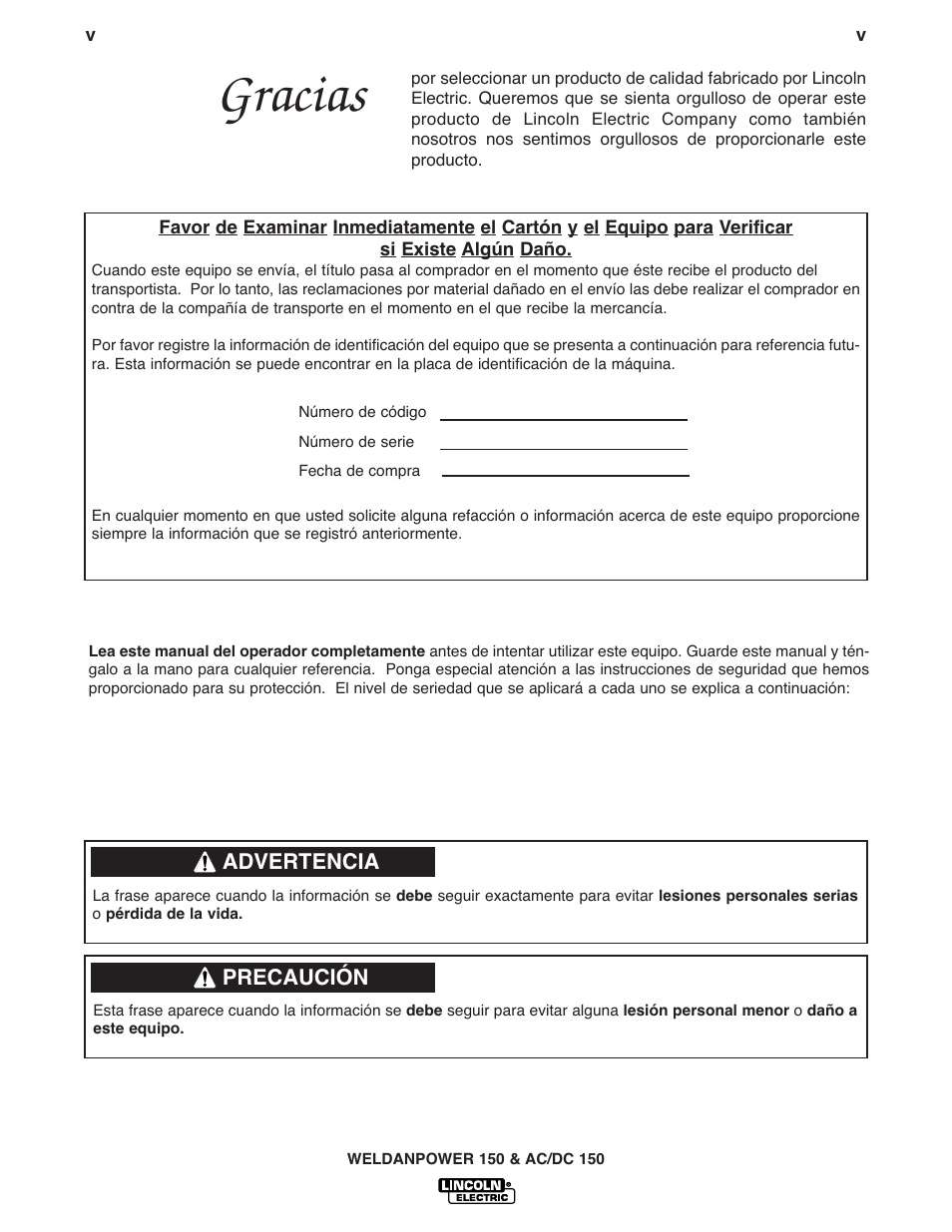 Gracias | Lincoln Electric IM413 Weldanpower 150 User Manual | Page 6 / 30