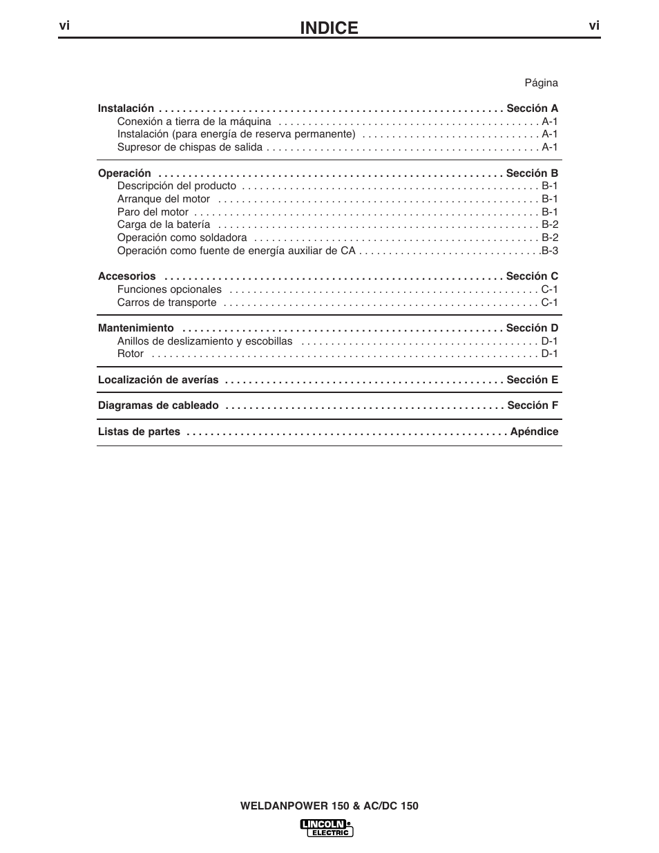 Indice | Lincoln Electric IM413 Weldanpower 150 User Manual | Page 7 / 30