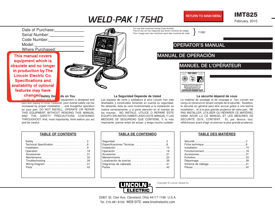 Lincoln Electric IMT825 WELD-PAK 175 HD User Manual | 48 pages