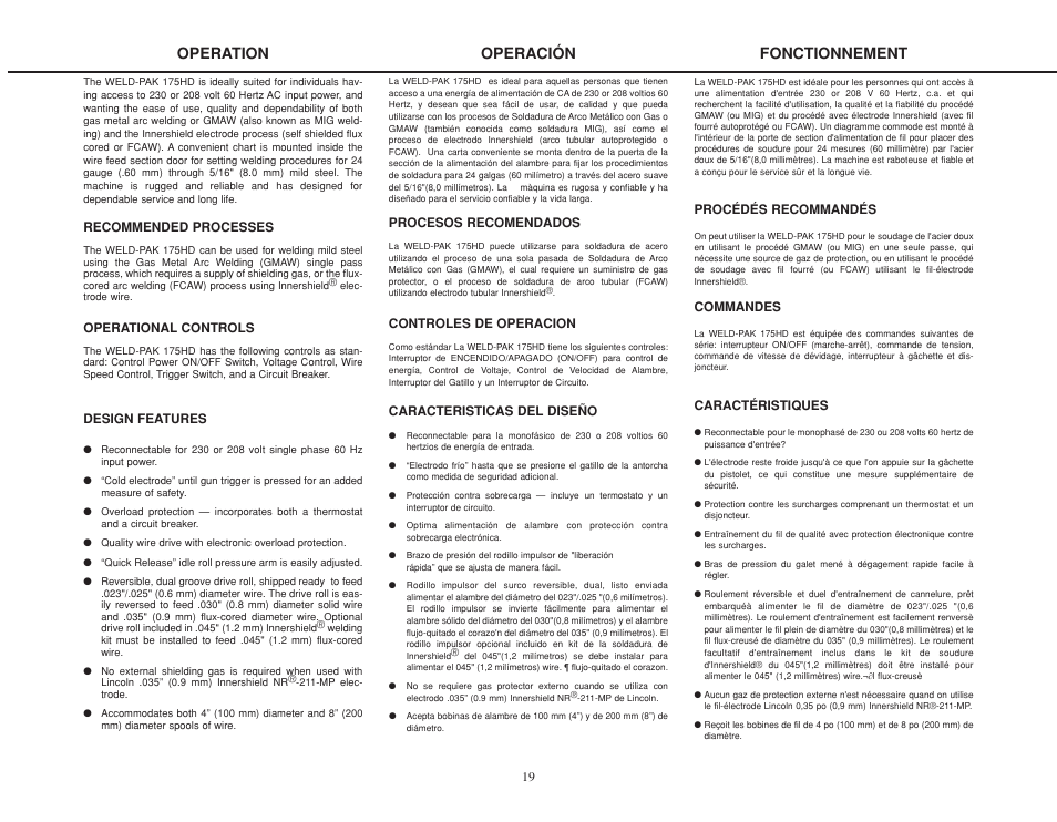 Operation, Operación, Fonctionnement | Lincoln Electric IMT825 WELD-PAK 175 HD User Manual | Page 19 / 48