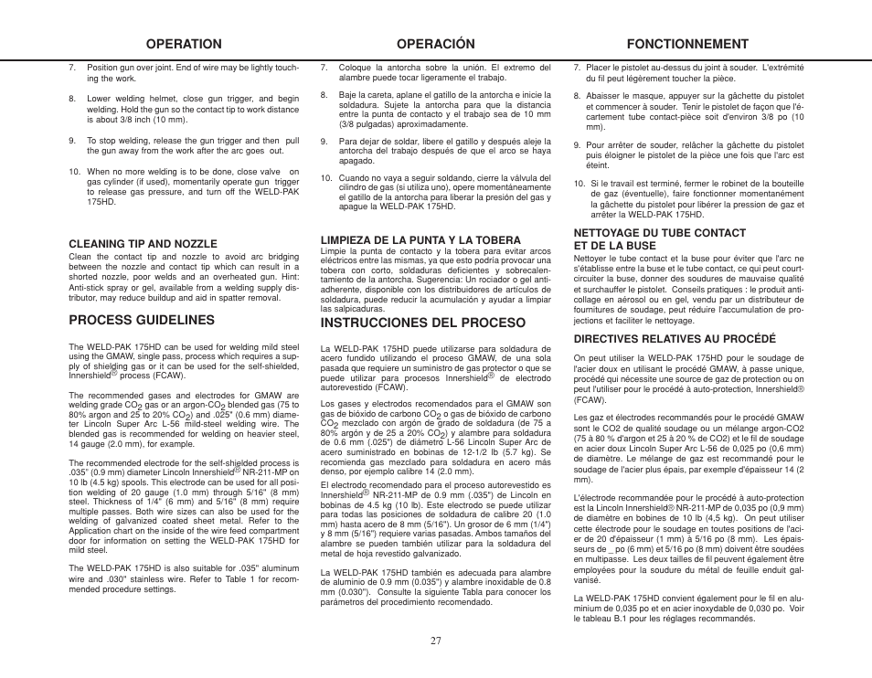 Process guidelines, Operation, Instrucciones del proceso | Operación fonctionnement | Lincoln Electric IMT825 WELD-PAK 175 HD User Manual | Page 27 / 48