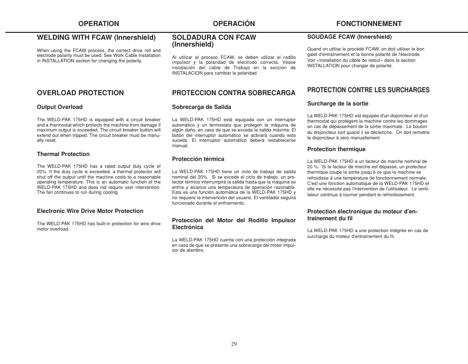 Welding with fcaw (innershield), Overload protection, Operation soldadura con fcaw (innershield) | Proteccion contra sobrecarga, Operación, Protection contre les surcharges, Fonctionnement | Lincoln Electric IMT825 WELD-PAK 175 HD User Manual | Page 29 / 48