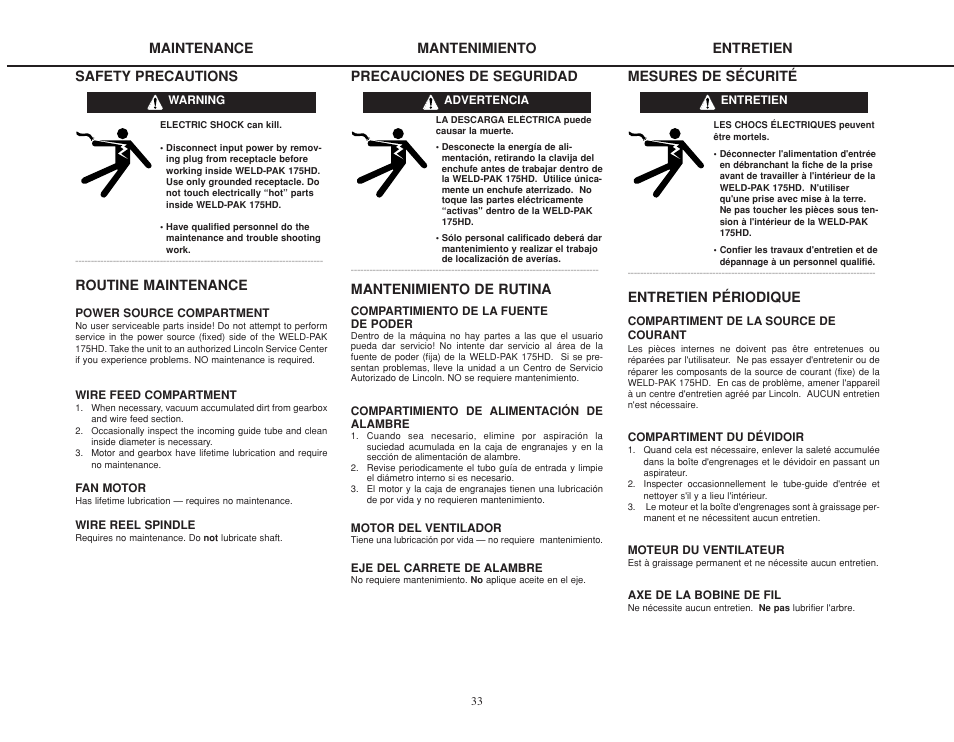 Safety precautions, Routine maintenance, Maintenance precauciones de seguridad | Mantenimiento de rutina, Mantenimiento entretien, Mesures de sécurité, Entretien périodique | Lincoln Electric IMT825 WELD-PAK 175 HD User Manual | Page 33 / 48