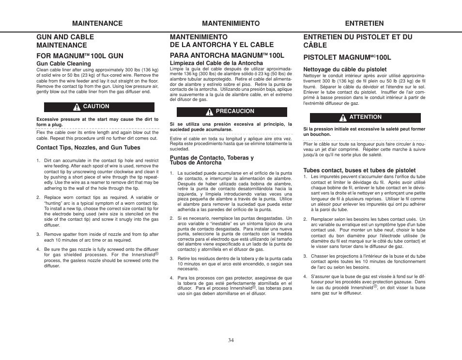 Entretien du pistolet et du câble pistolet magnum, 100l, Entretien | Gun and cable maintenance for magnum, 100l gun, Mantenimiento | Lincoln Electric IMT825 WELD-PAK 175 HD User Manual | Page 34 / 48