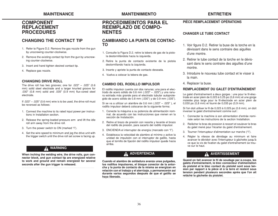 Component replacement procedures, Procedimeintos para el reemplazo de compo- nentes, Changing the contact tip | Maintenance, Cambiando la punta de contac- to, Mantenimiento, Entretien | Lincoln Electric IMT825 WELD-PAK 175 HD User Manual | Page 36 / 48