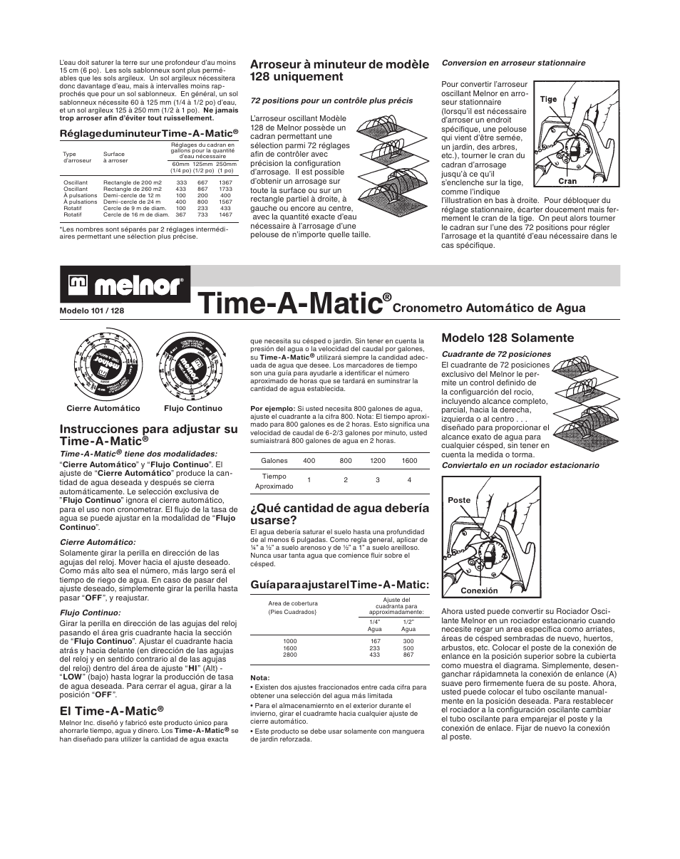 Time-a-matic, Arroseur à minuteur de modèle 128 uniquement, Modelo 128 solamente | Instrucciones para adjustar su time-a-matic, El time-a-matic, Qué cantidad de agua debería usarse, Cronometro automático de agua, Guía para ajustar el time-a-matic, Réglage du minuteur time-a-matic | Melnor 128 User Manual | Page 2 / 2