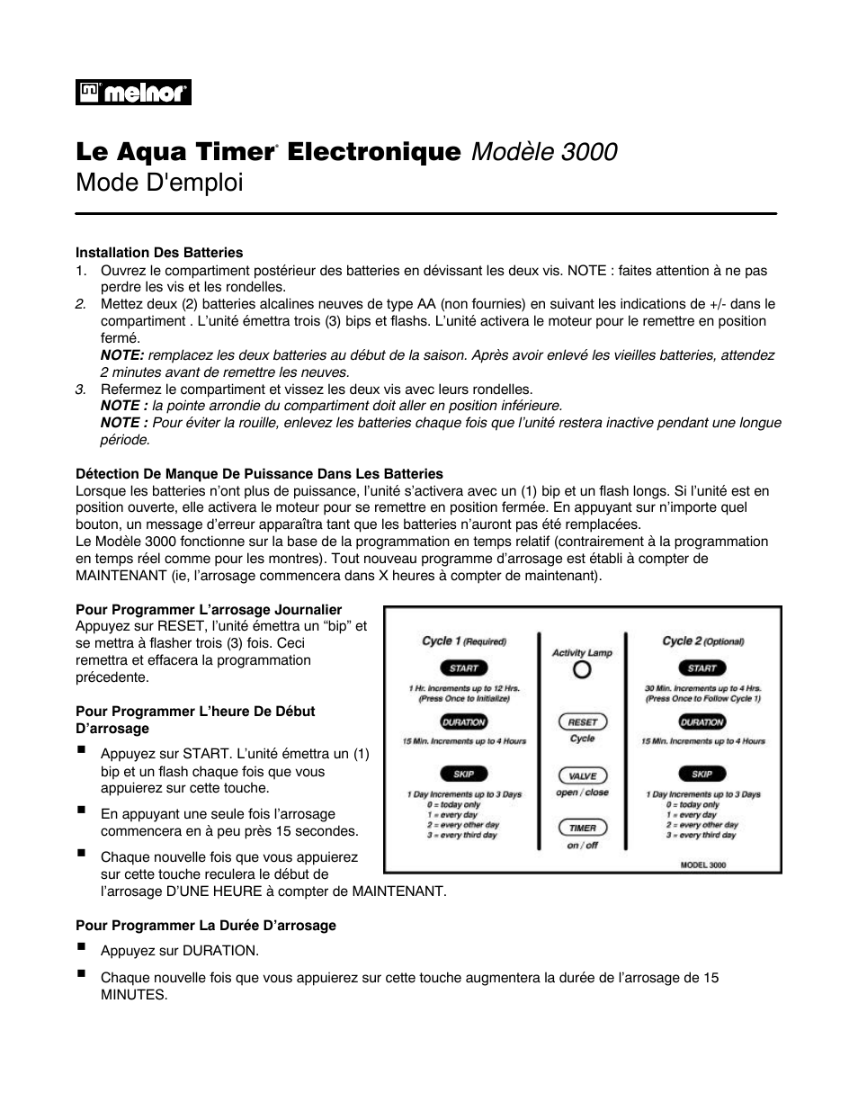 Le aqua timer, Electronique, Modèle 3000 mode d'emploi | Melnor 3000 User Manual | Page 3 / 6