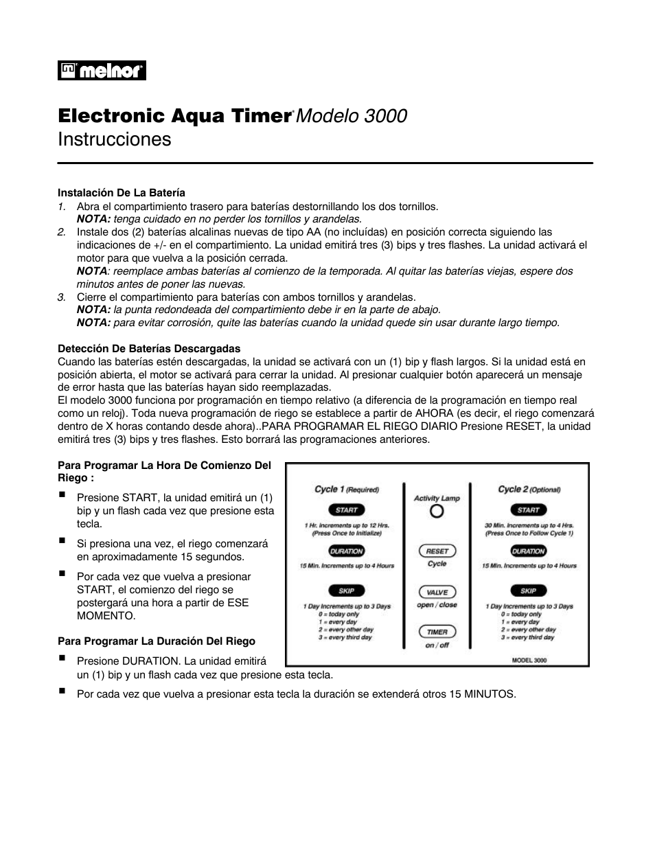 Electronic aqua timer, Modelo 3000 instrucciones | Melnor 3000 User Manual | Page 5 / 6