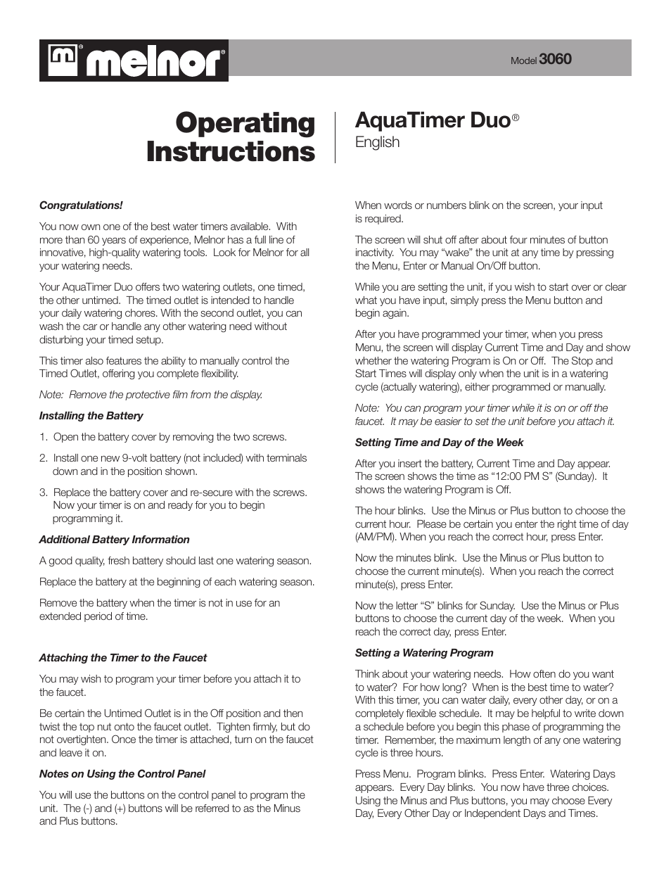 Melnor 3060 - 2007 User Manual | 3 pages