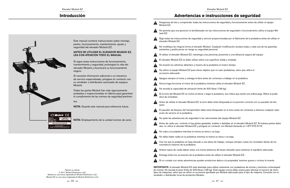 Introducción, Advertencias e instrucciones de seguridad | MoJack EZ User Manual | Page 11 / 29