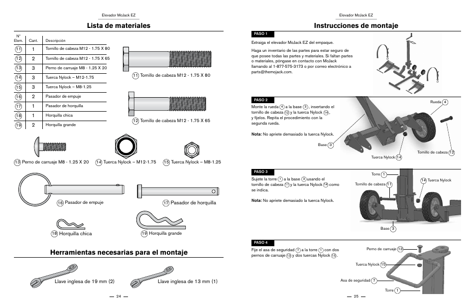 Lista de materiales, Herramientas necesarias para el montaje, Instrucciones de montaje | Horquilla chica, Pasador de horquilla | MoJack EZ User Manual | Page 13 / 29