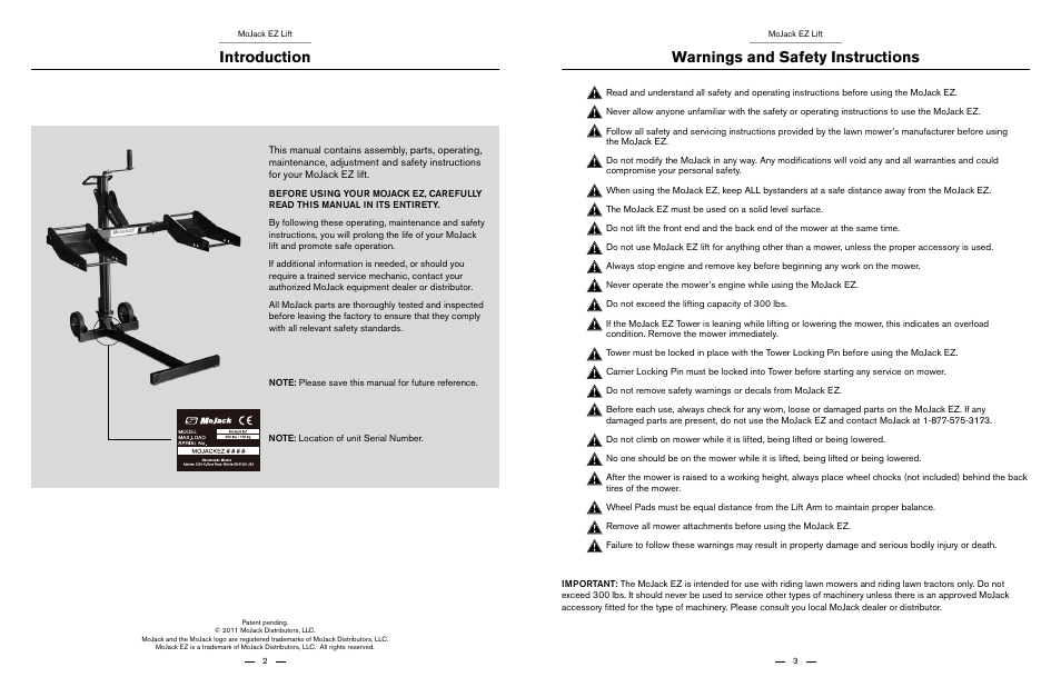 Introduction, Warnings and safety instructions | MoJack EZ User Manual | Page 2 / 29