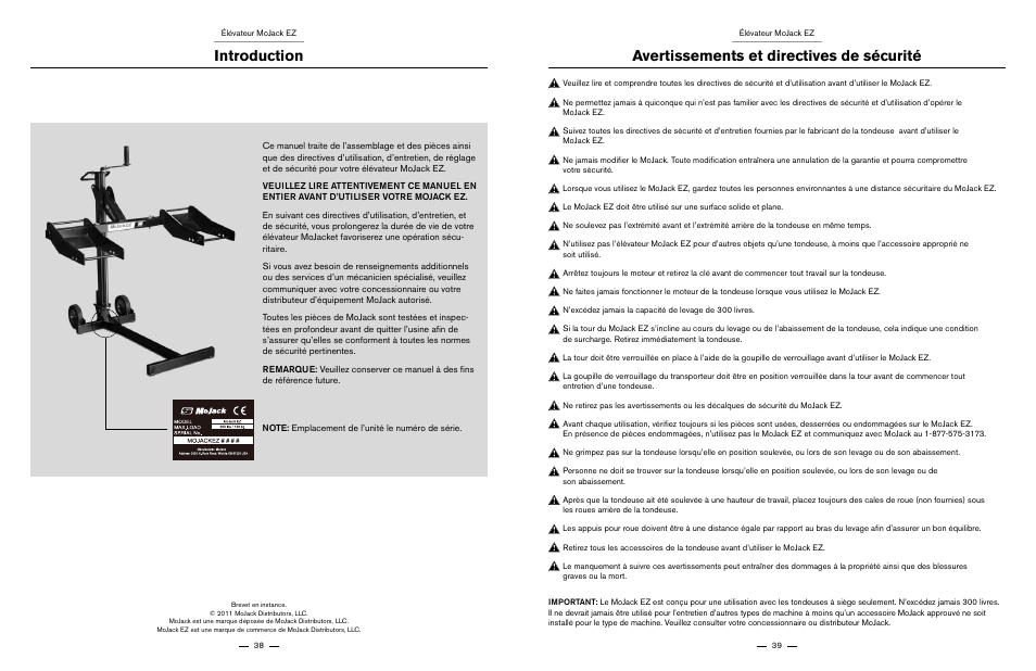 Introduction, Avertissements et directives de sécurité | MoJack EZ User Manual | Page 20 / 29