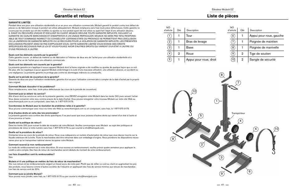 Garantie et retours, Liste de pièces | MoJack EZ User Manual | Page 21 / 29